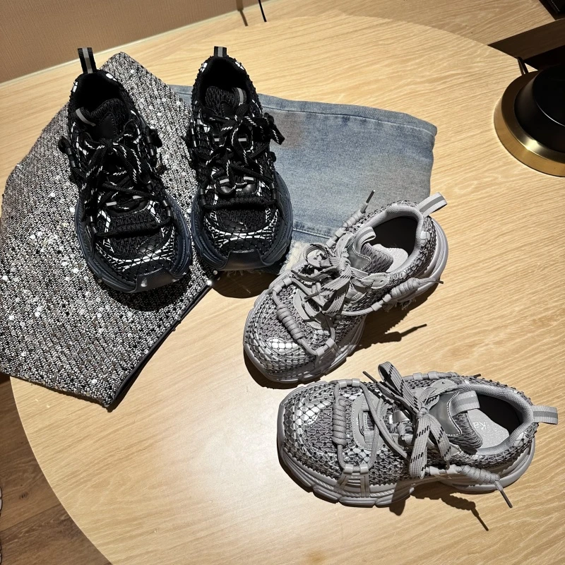 ins潮鞋双鞋带设计水钻厚底增高休闲鞋2025新款欧货老爹鞋女