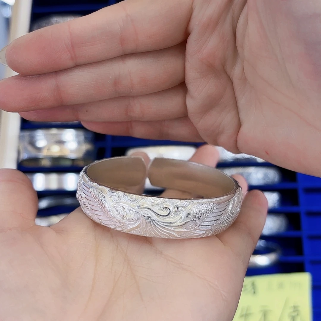 足银凤穿牡丹银手镯83克