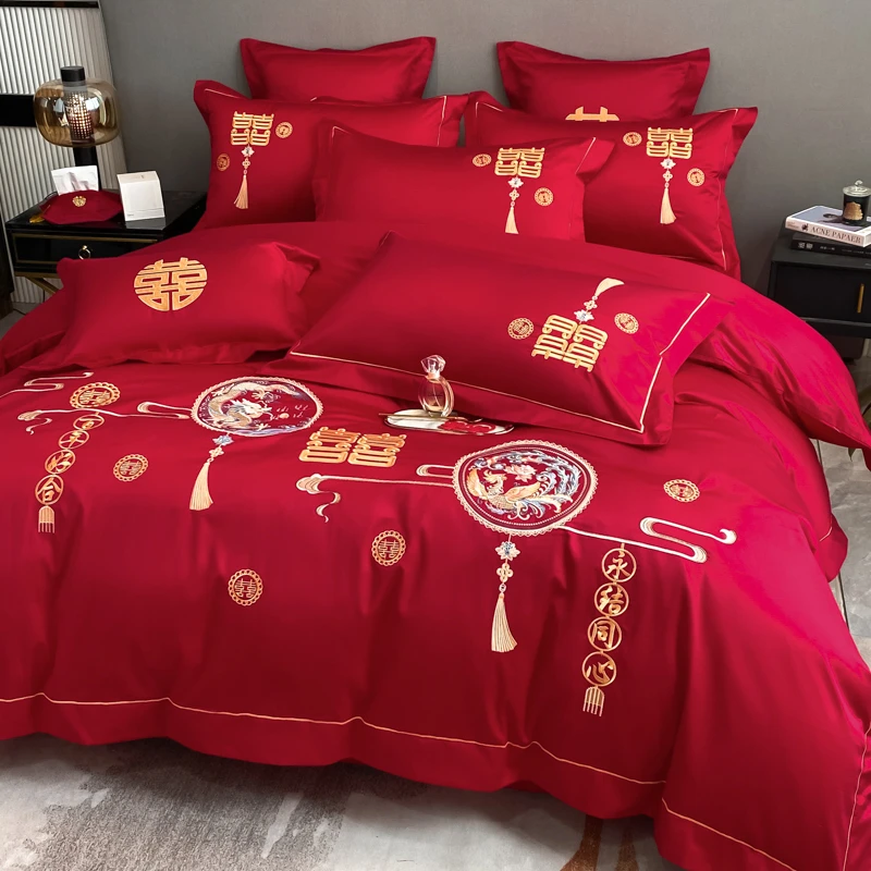 【龙凤情缘】传统中式龙凤刺绣大红色四件套新婚被套床单床上用品
