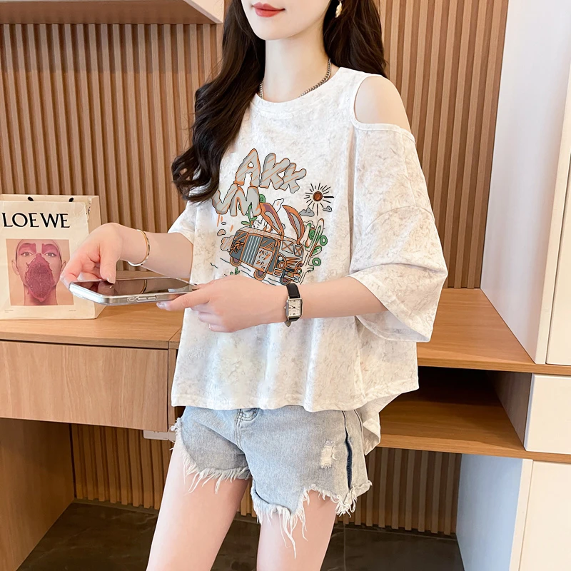 萌趣风卡通露肩短袖T恤女夏季韩版时尚宽松扎染慵懒风不规则上衣