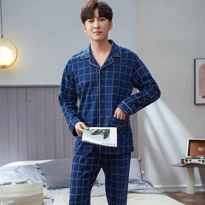 纯棉睡衣男士春秋款开衫长袖中年爸爸简约家居服加大码套装可外穿