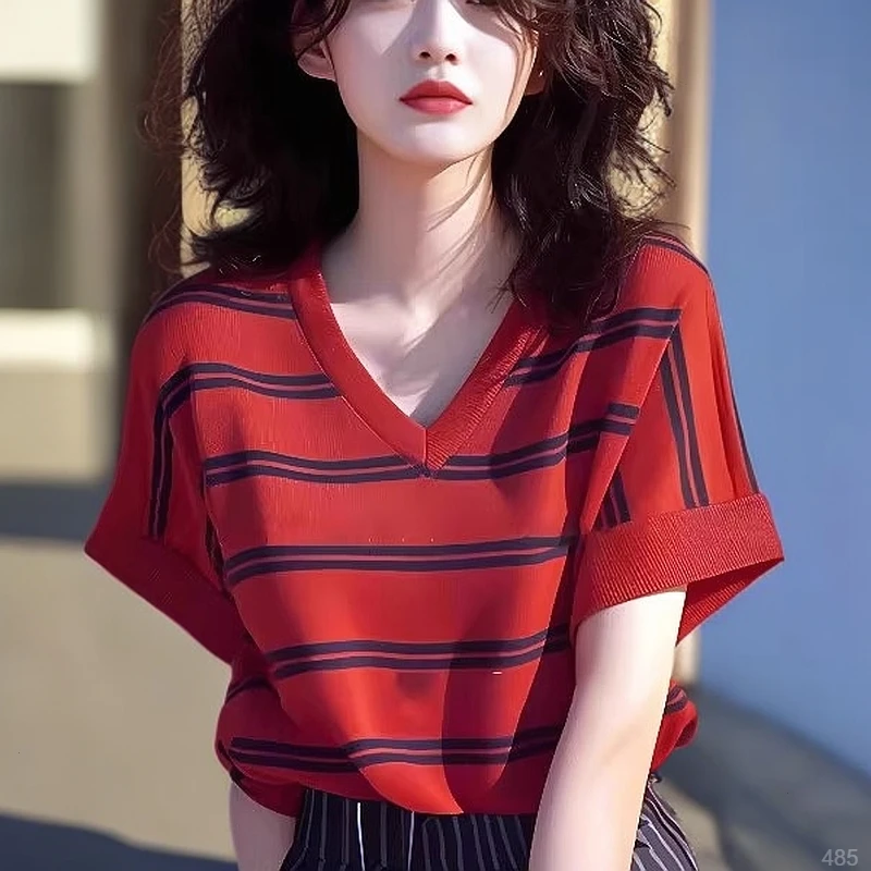 撞色条纹Polo领T恤女2025夏季新款洋气独特别致修身显瘦针织上衣