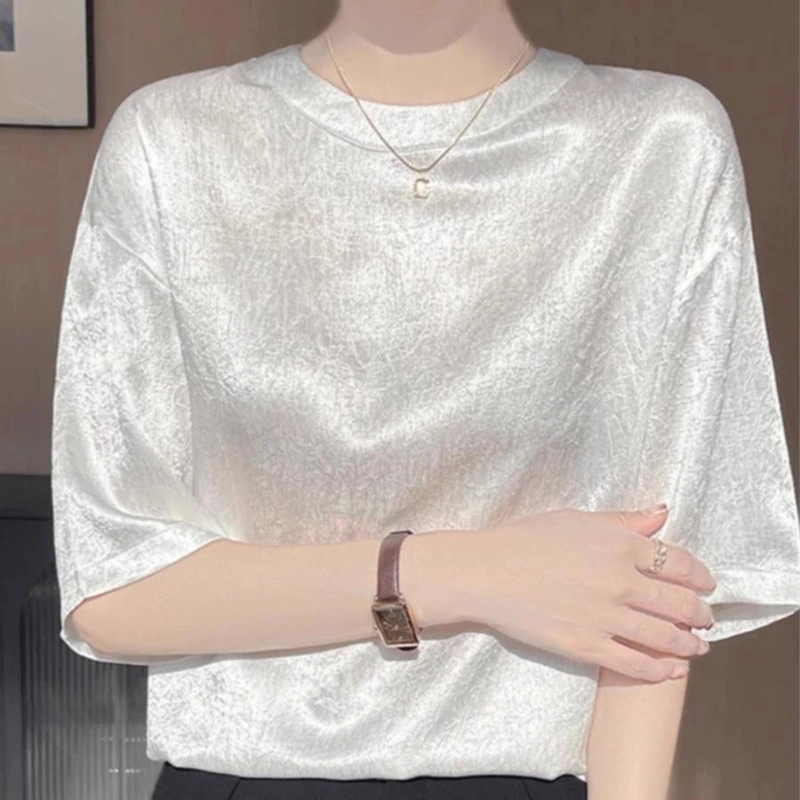 圆领新中式白色纯色T恤白色显瘦提花薄款短袖