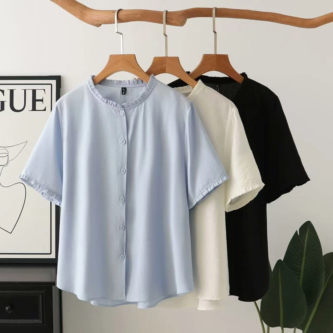 2025大码夏季纯色通勤百搭木耳边衬衫上衣宽松短袖显瘦款Q-621
