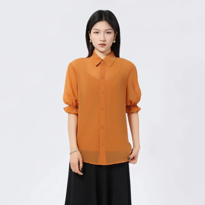 【商场同款】2025春夏新款简约气质翻领泡泡袖两件套短袖衬衫130018