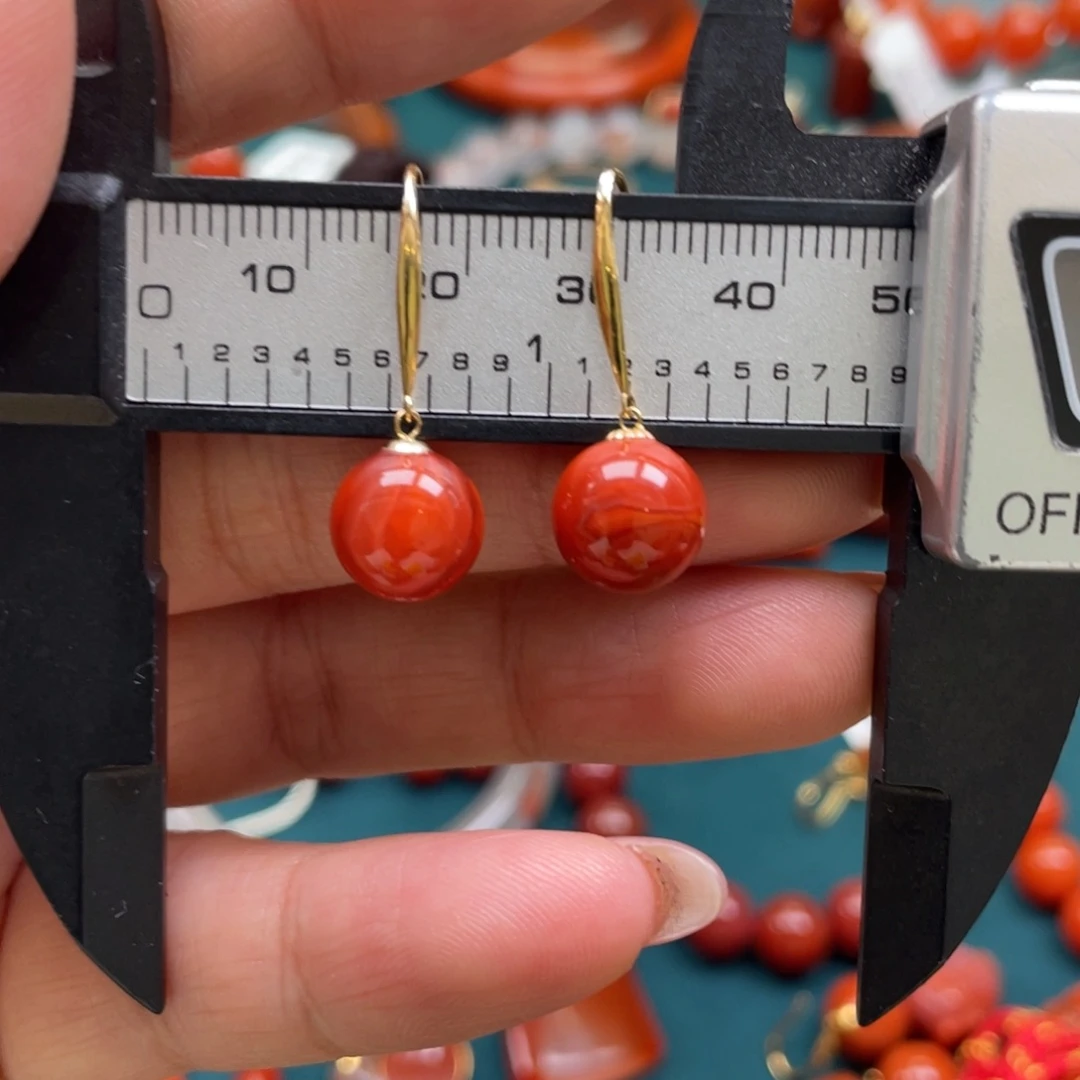 南红玛瑙18K金镶嵌川料南红单珠耳钩18K