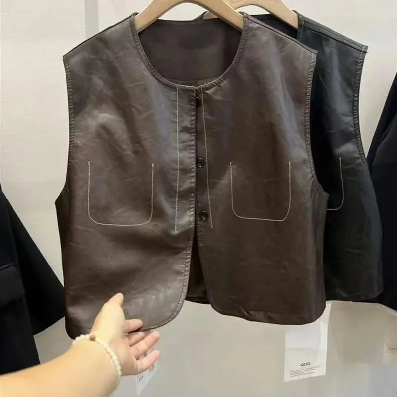 欧货洋气圆领单排扣pu皮衣马甲外套女春秋设计感小众明线短款马夹