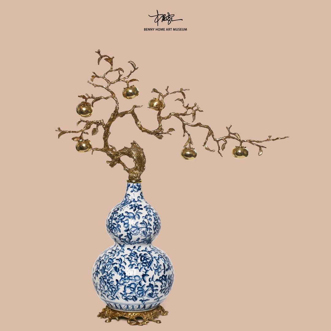【BENNY专属】GY05欧式古典陶瓷镶铜柿子青花葫芦树入户玄关摆件