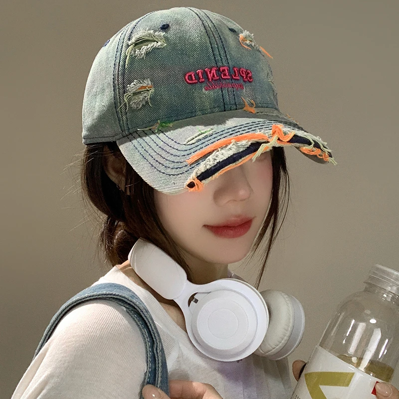 字母刺绣水洗做旧牛仔棒球帽女美式复古破洞百搭鸭舌帽显脸小帽子