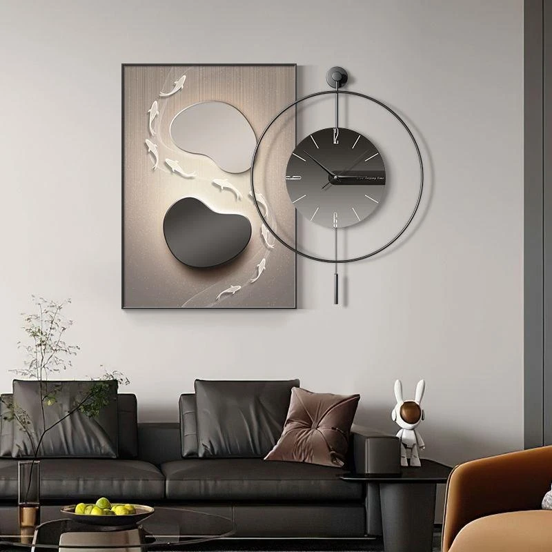 现代轻奢餐厅装饰画石来运转九鱼图带钟表饭厅挂画高级感客厅壁画