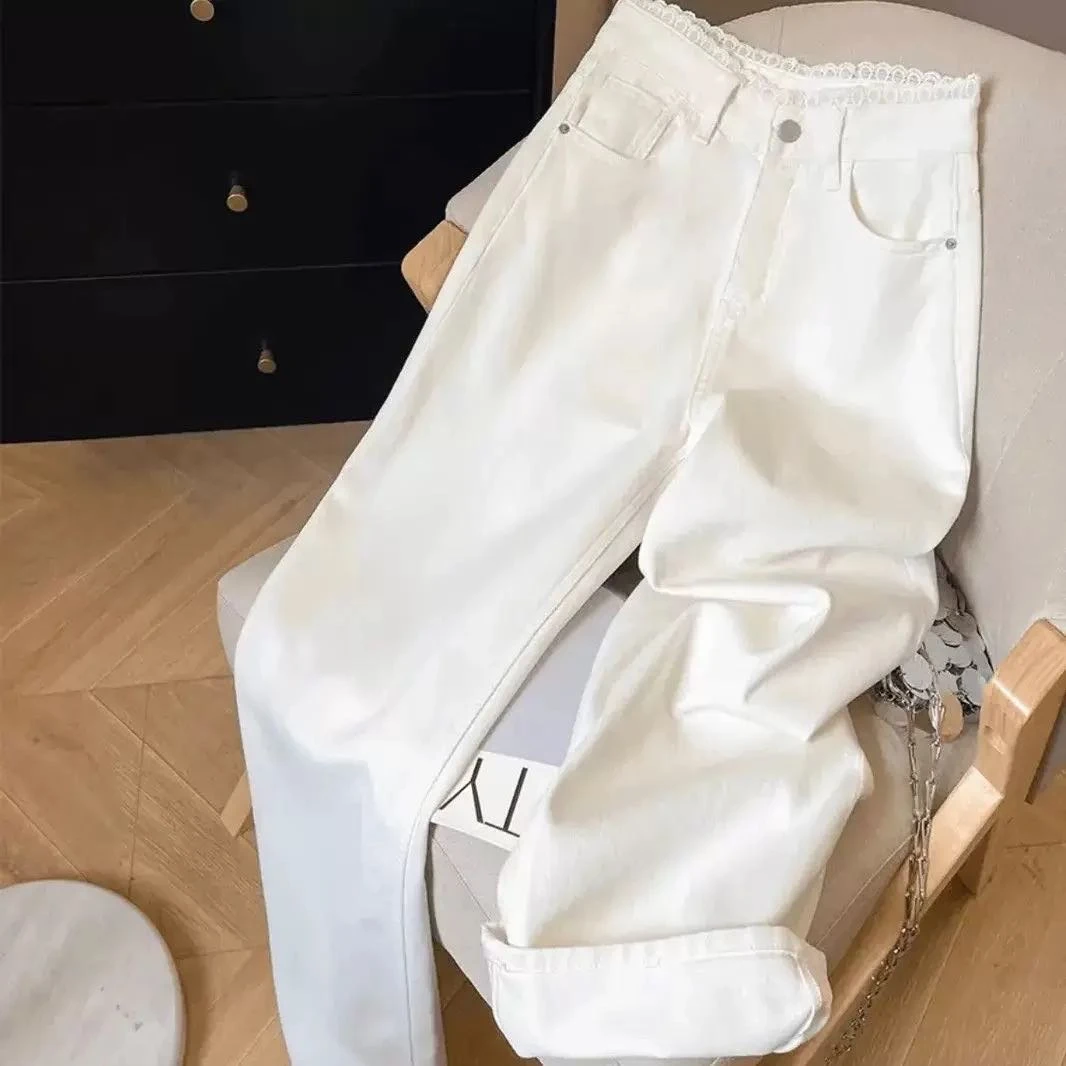 休闲裤春秋韩版破洞直筒裤高腰水洗窄版阔腿裤牛仔裤