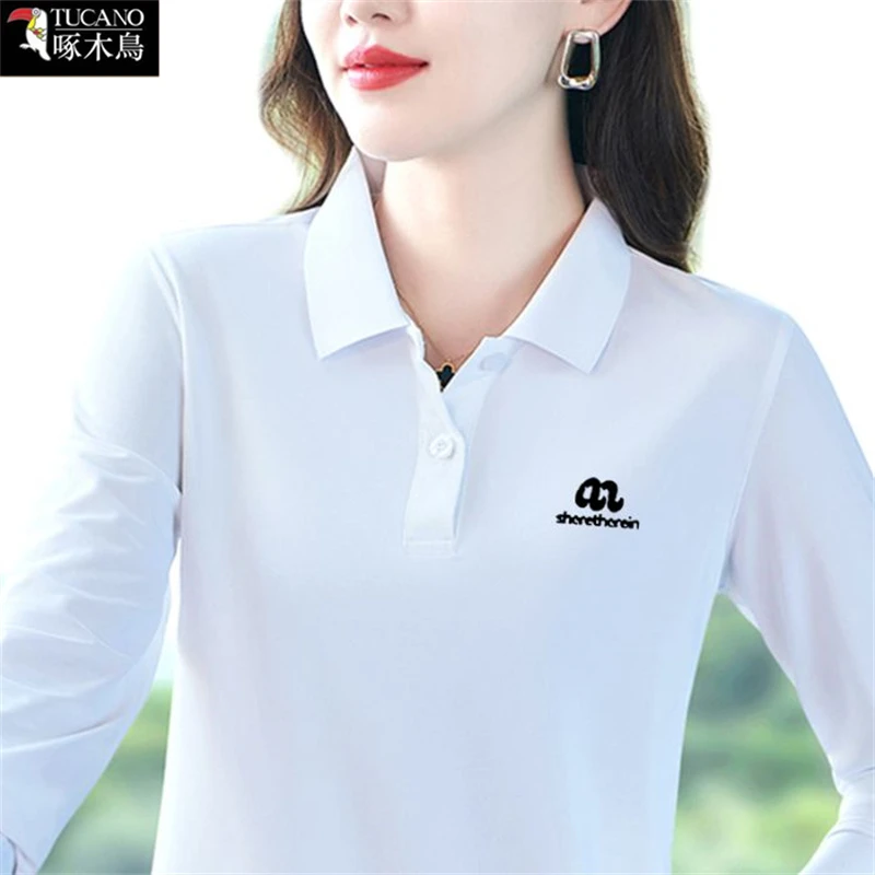 啄木鸟纽扣翻领减龄女装秋季长袖t恤2025年新款百搭纯色印花上衣