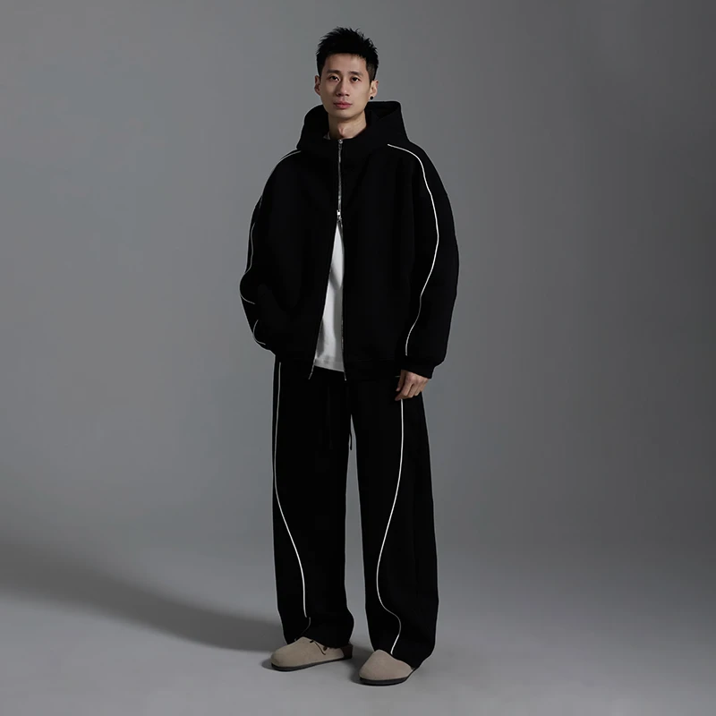 春秋新款潮明线连帽简约休闲宽松时尚百搭设计男女同款套装18681