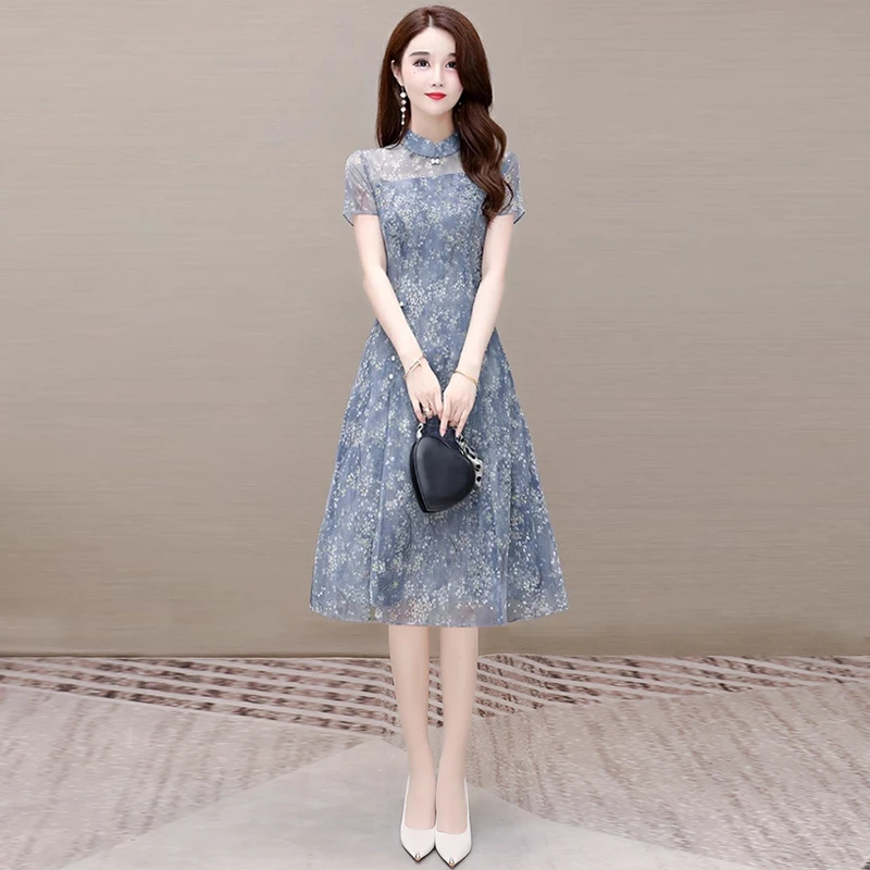 中国风女装改良旗袍高端气质年轻款纱料连衣裙2025夏季小个子妈妈