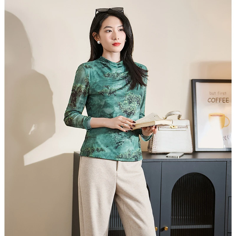 安那俪惟2025春新款湖绿色女洋气高端时尚打底百搭上衣#DSY17405