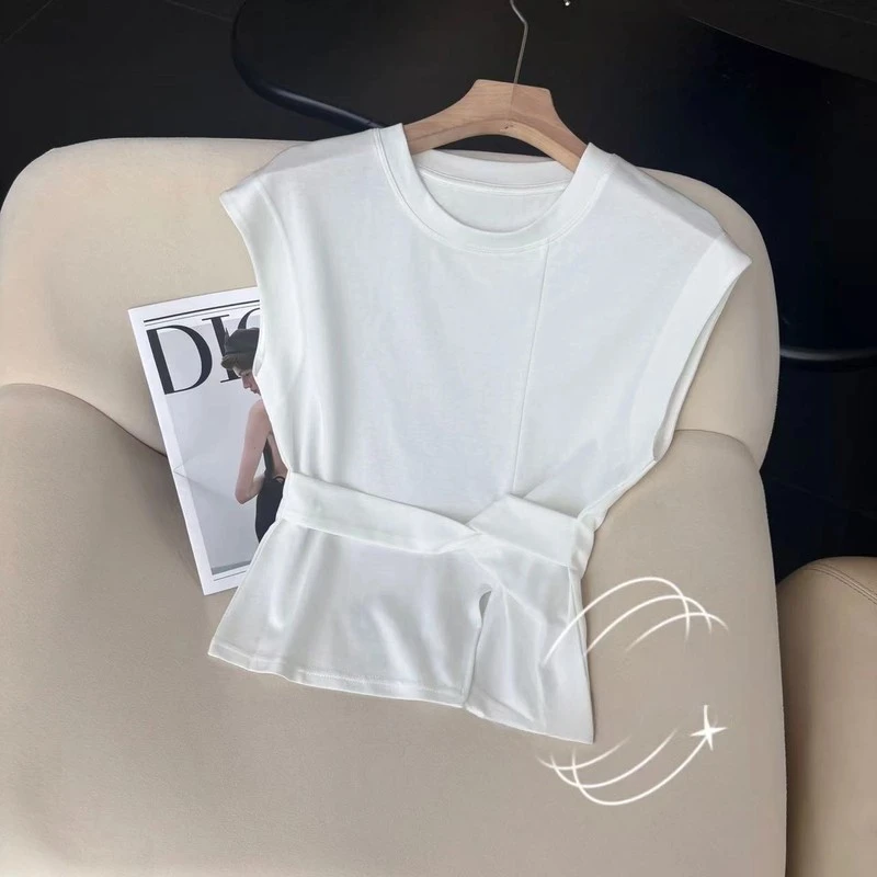 新款飞飞袖掐腰扭结开叉下摆T恤