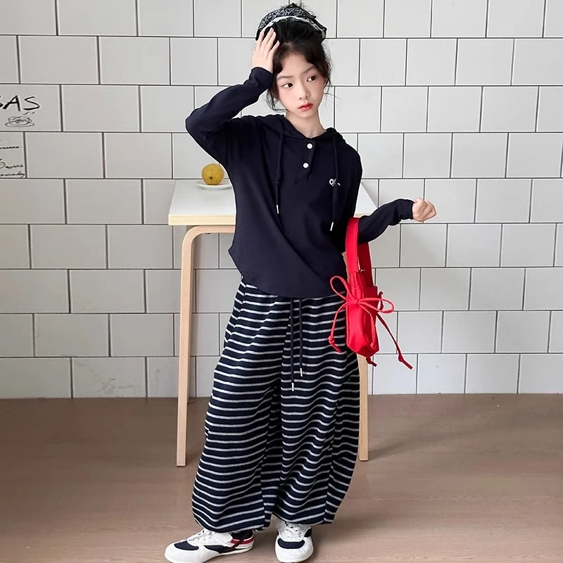 儿童秋季新款套装女中大童时髦休闲春秋套装女童阔腿条纹两件套
