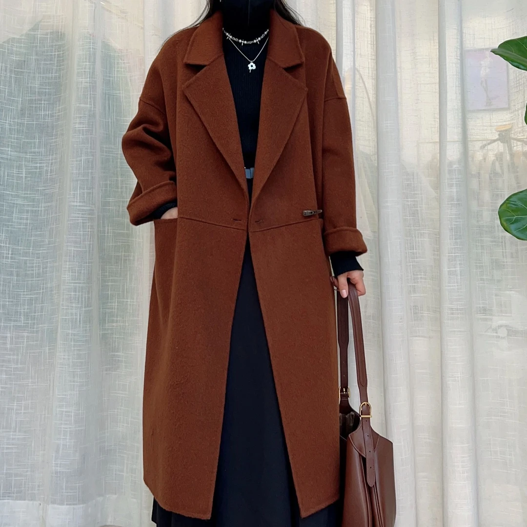 李大美【宠粉福利】时尚气质百搭长款100%绵羊毛大衣外套 23829-1