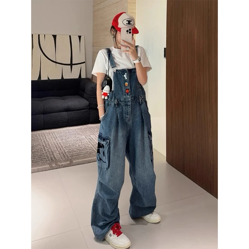 2025夏季新款米奇印花卡通薄款背带裤女小众设计感蓝色阔腿长裤子