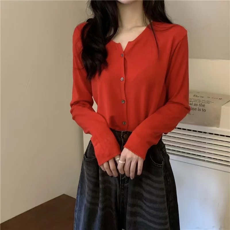 9102气质时尚百搭设计感女士开衫纯色长袖薄款显瘦