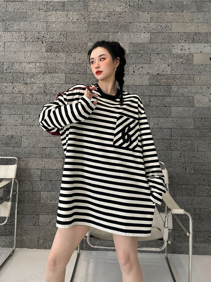 GGAHOLIDAY时尚休闲潮流宽松圆领套头长袖情侣条纹T恤上衣-152029