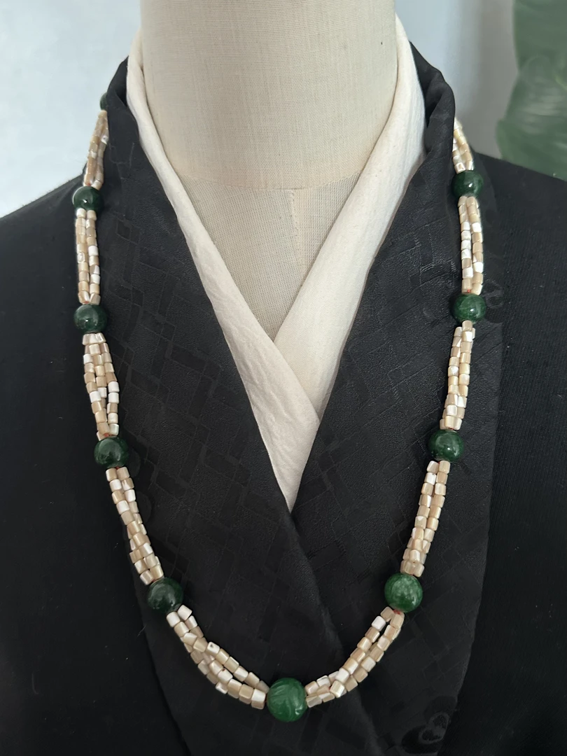 非金属仿珍珠项链 新款绿色石头材质民族风项链百搭手作气质坠链