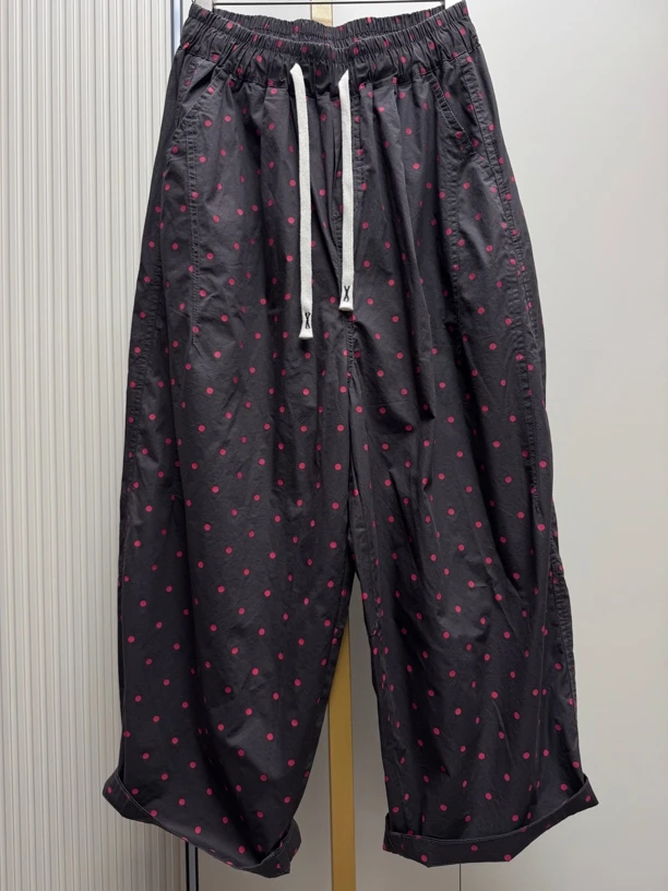 夏季原创森系波点直筒裤薄款阔腿裤松紧腰