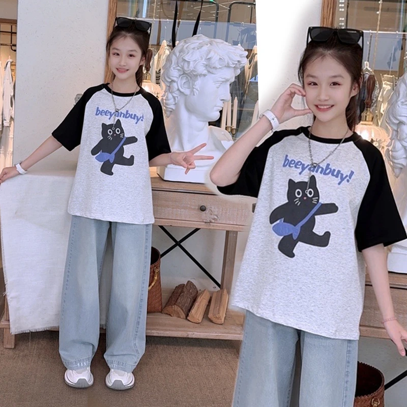 女童夏季套装2025新款儿童洋气时髦短袖T恤中大童女孩夏装牛仔裤