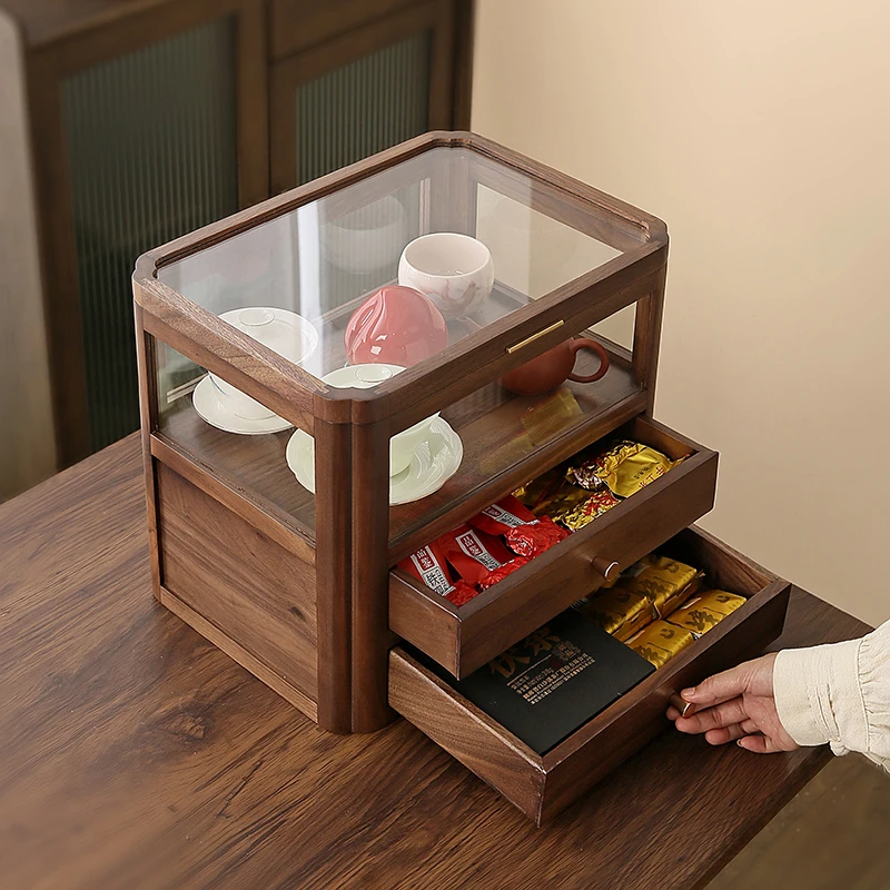 北美黑胡桃实木茶具收纳盒防尘展示柜桌面置物架子中式博古架小型