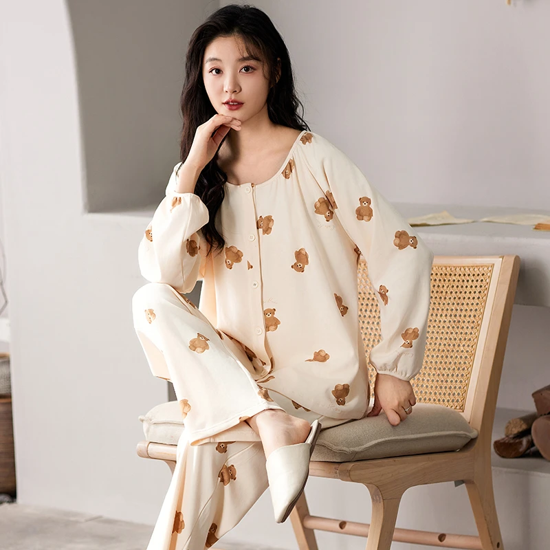 莉莉家新款女士加厚纯棉卡通玩偶熊开衫圆领长袖睡衣套装家居服