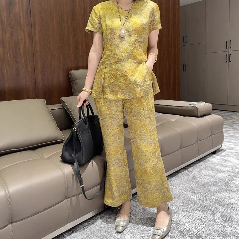 新中式国风黄色套装2025夏季新款大码盘扣洋气时髦上衣裤子两件套
