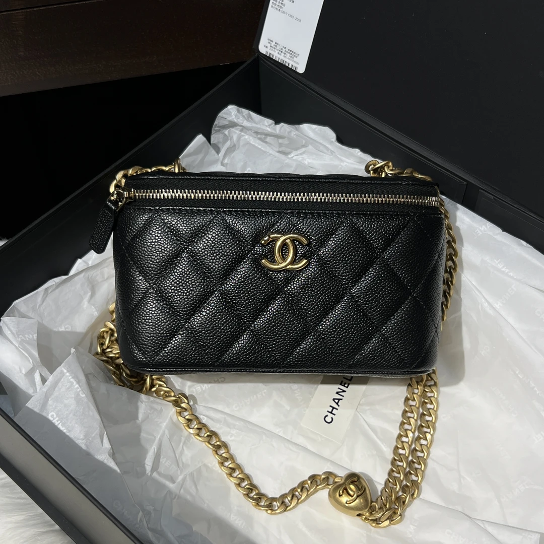 99新 Chanel/香奈儿 爱心调节扣黑金鱼子酱菱格长盒子单肩肩包