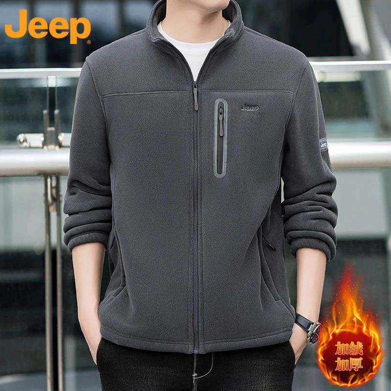 JEEP吉普男士加厚美式刺绣奥粒绒卫衣立领运动秋冬大码抓绒衣外套