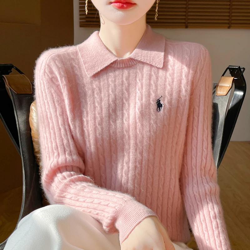 【商场新款】小马家扭花纯羊毛衫女翻领领宽松气质打底衫女D813