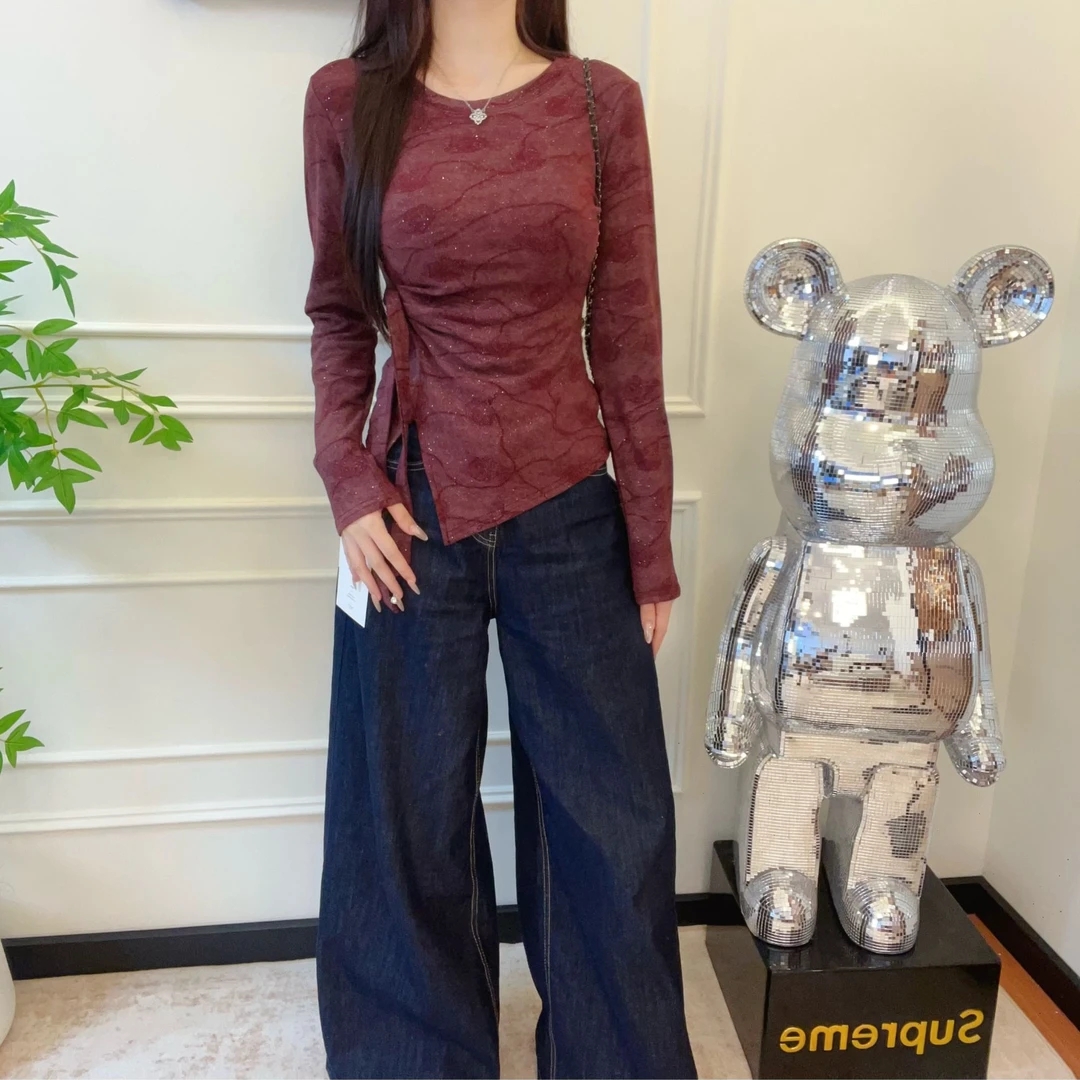 2025秋冬薄绒气质设计感闪粉抽褶扎染长袖显瘦时尚设计感百搭9159