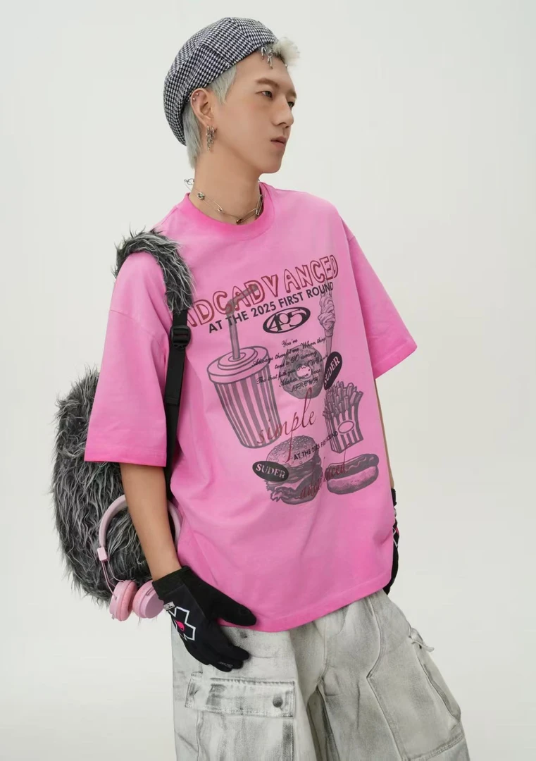 印花短袖情侣黑白印花短袖T恤卡通半袖Y3K学院风韩系