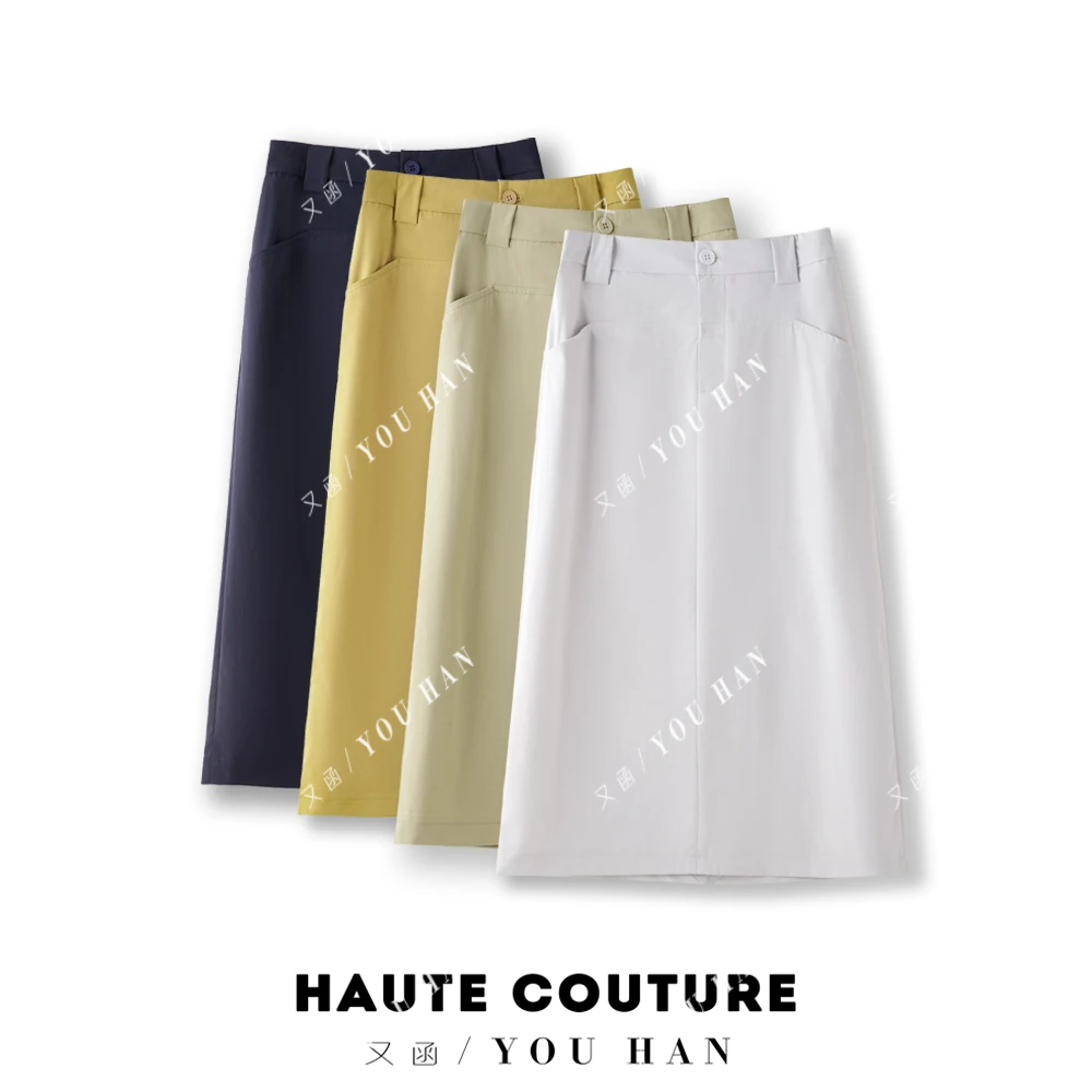 新款夏季超薄中空纱透气休闲气质中长款口袋垂感开叉百搭高腰