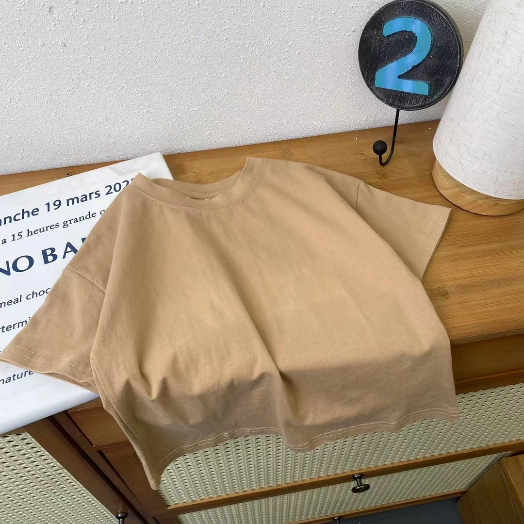 TX-9038 卡其色 儿童夏季印花短袖韩版ol短袖T恤时尚圆领半袖宽松