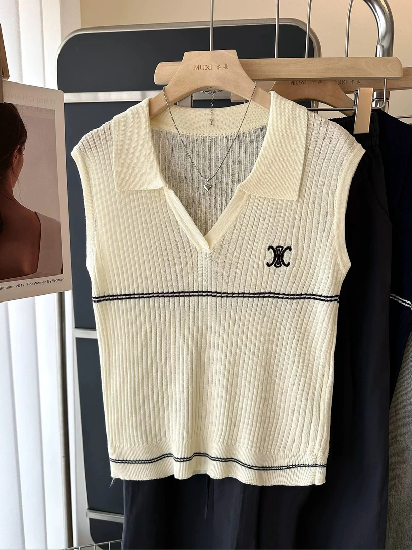 6556翻领女无袖常规薄款刺绣毛针织衫复古夏季休闲江南风