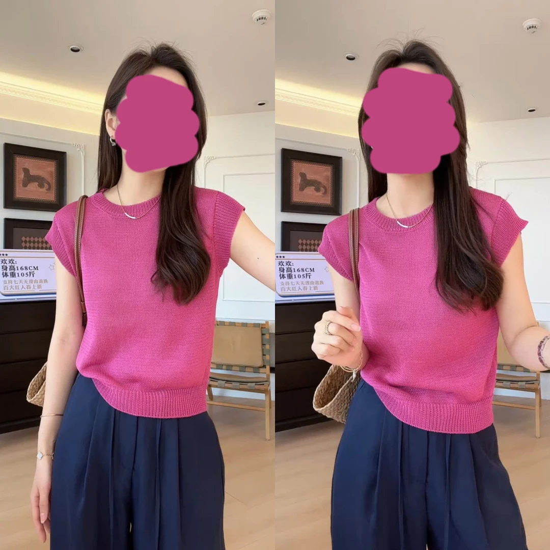 夏季休闲简约时尚百搭舒适针织衫女修身短袖多巴胺上衣无袖宽松