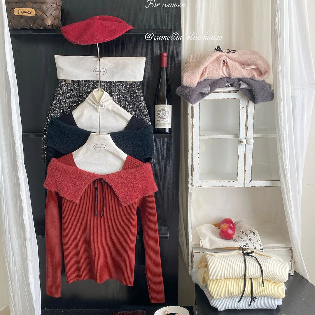 法式少女感系带拼接绒针织衫女冬洋气修身显瘦打底衫上衣