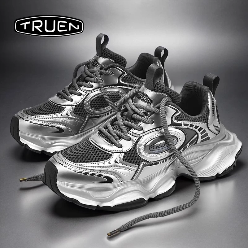 真恩男鞋银黑色透气休闲运动厚底增高耐脏炸街2025今年流行鞋子
