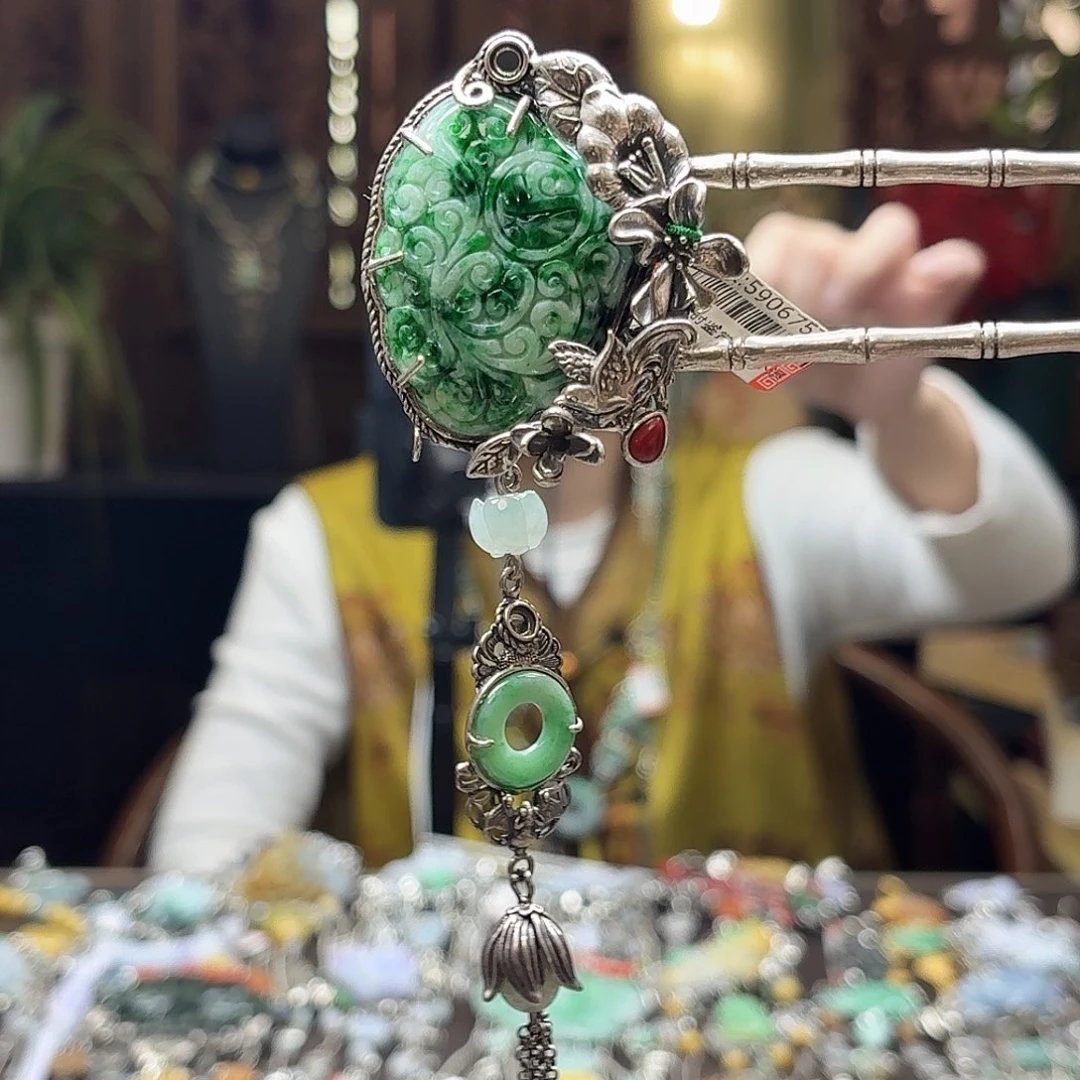 翡翠银S925镶嵌发簪发簪