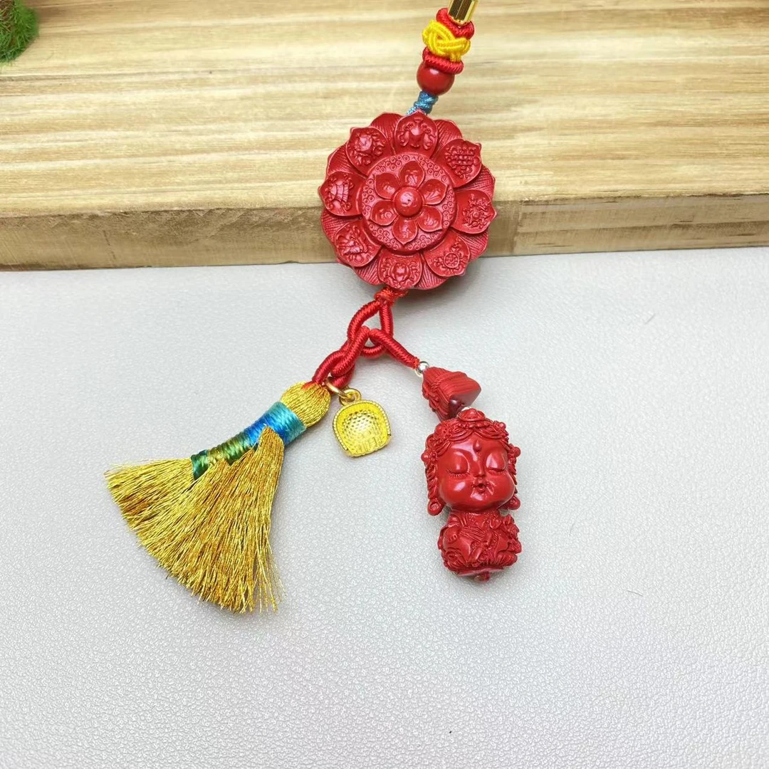 含辰砂工艺品高含量朱砂红砂设计款八宝莲花度母端午爆款扫帚包挂