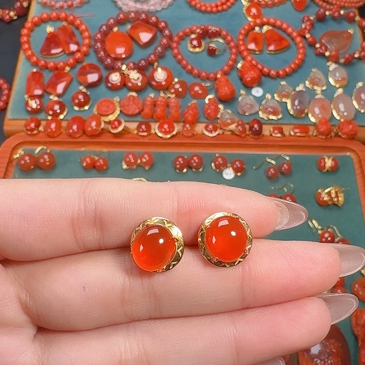 南红玛瑙银S925镶嵌耳饰