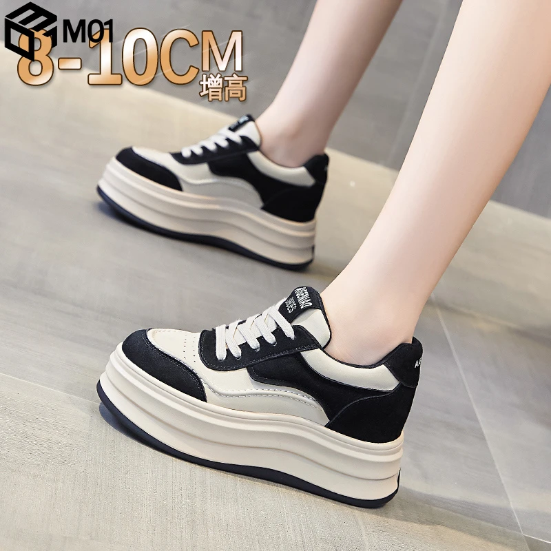 M01轻便小白鞋女2025新款磨砂皮面韩版板鞋10cm厚底内增高女鞋子