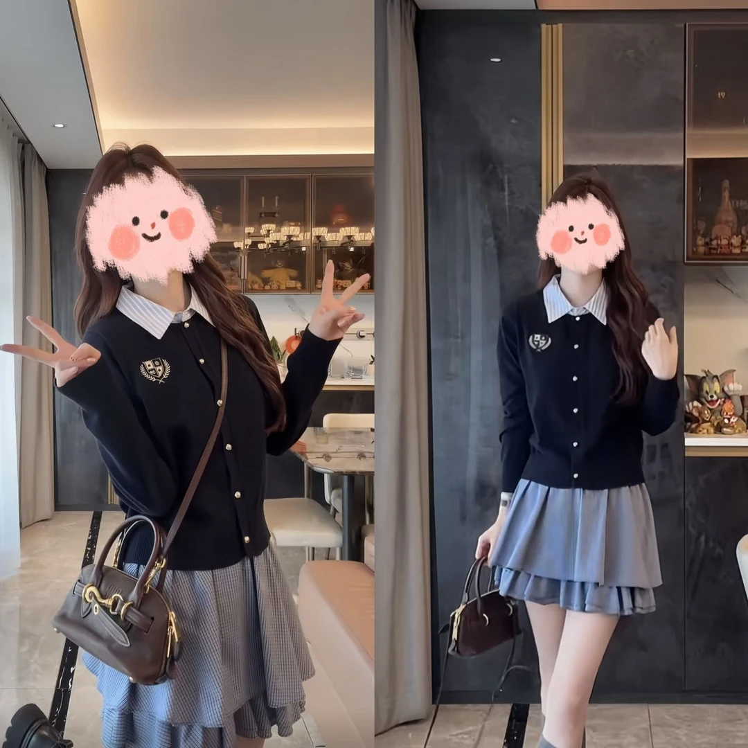2025早秋新款韩系学院风时尚减龄拼接假两件上衣百搭显瘦蛋糕短裙