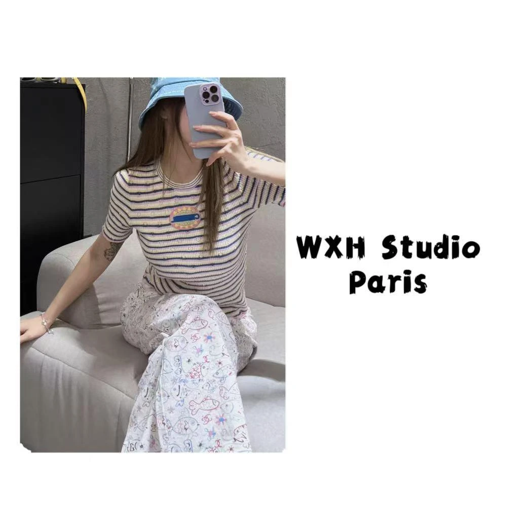 25香新款条纹糖果色针织短袖