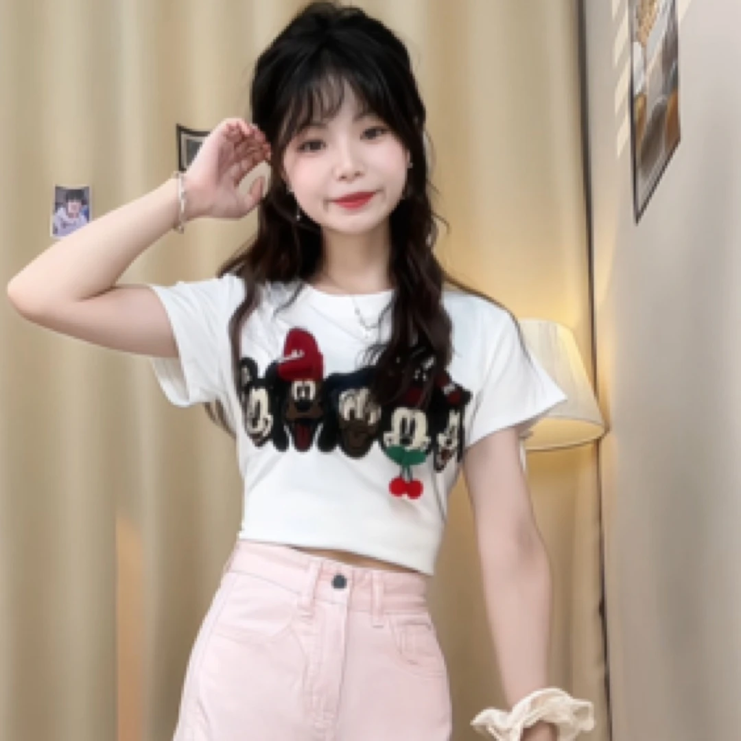 【图图】小个子夏季短款宽松米奇刺绣短袖T恤