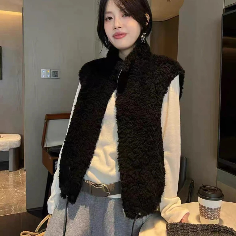 2025欧货颗粒绒立领宽松百搭无袖皮毛一体羊羔毛马甲外套